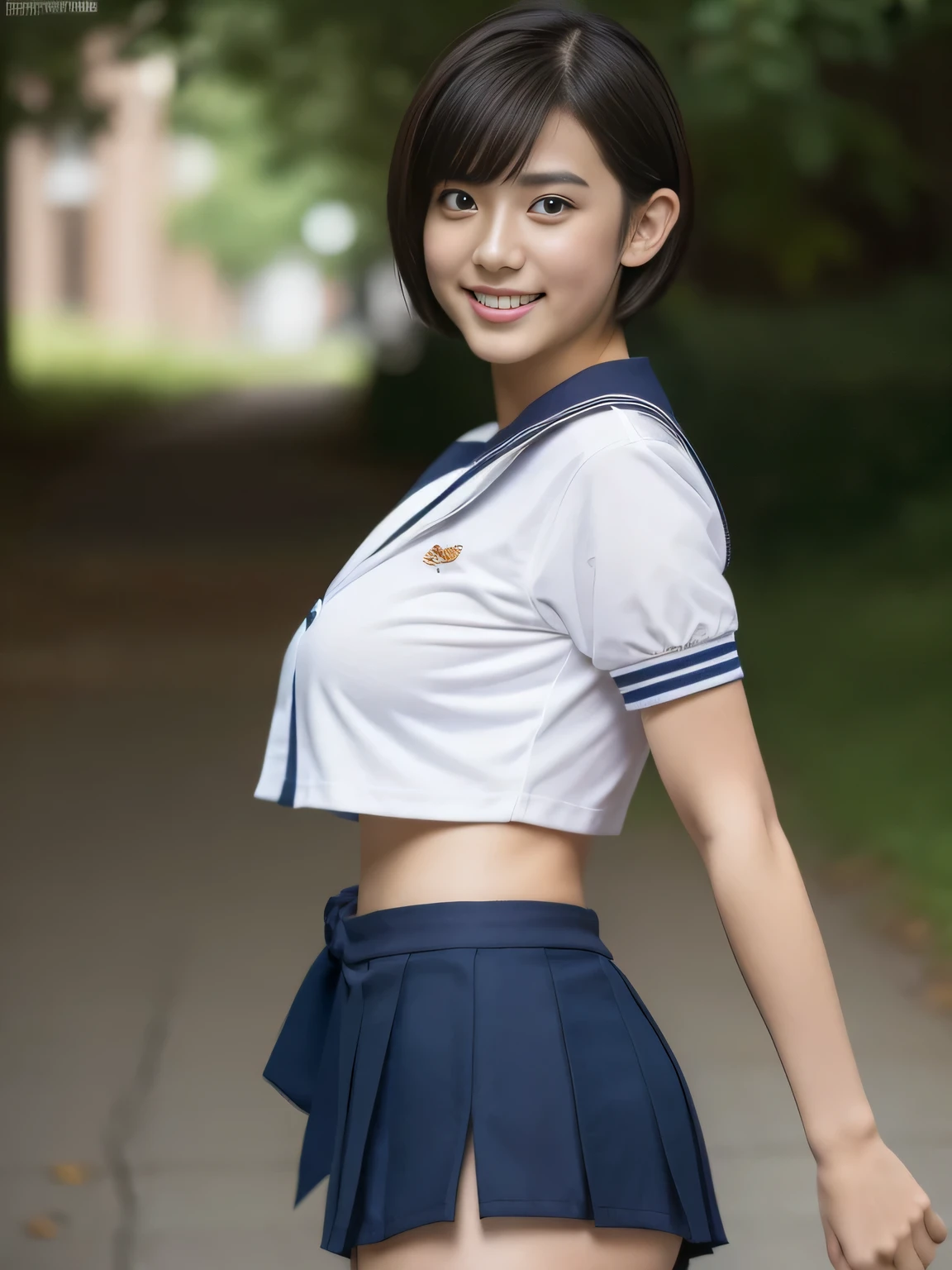 (Best Quality,8K,超hight resolution:1.2),(Cute *********** s),(Huge breasts), ((top-quality)), 1beautiful woman, accurate anatomy, perfectly proportions, Colossal tits:1.4,(NSFW), 1womanl, Solo, 13years, (cute  face), (Ideal ratio body proportions), ((a sailor suit)), ((Costumes must be worn)), Skirt lifted by the wind, You can see the whole panties, panties focus, Long escalator, (Super close-up of buttocks), ((Point your butt at the camera)), stick out buttocks, Emphasize ass, Smiling smile, short-hair, Dark hair, Colossal tits, A slender, Big buttocks, Skinny Legs, zettai ryouiki, thighs thighs thighs thighs, knee high, Pleated miniskirt, surrealism, Cinematic lighting, depth of fields, One-person viewpoint, F/1.8, 135 mm, masutepiece, ccurate, Anatomically correct, Textured skin, Super Detail, high details, High quality, awardwinning, Best Quality, hight resolution, 8K,13years, Junior high school girl, (short-hair:1.5), Delicate body