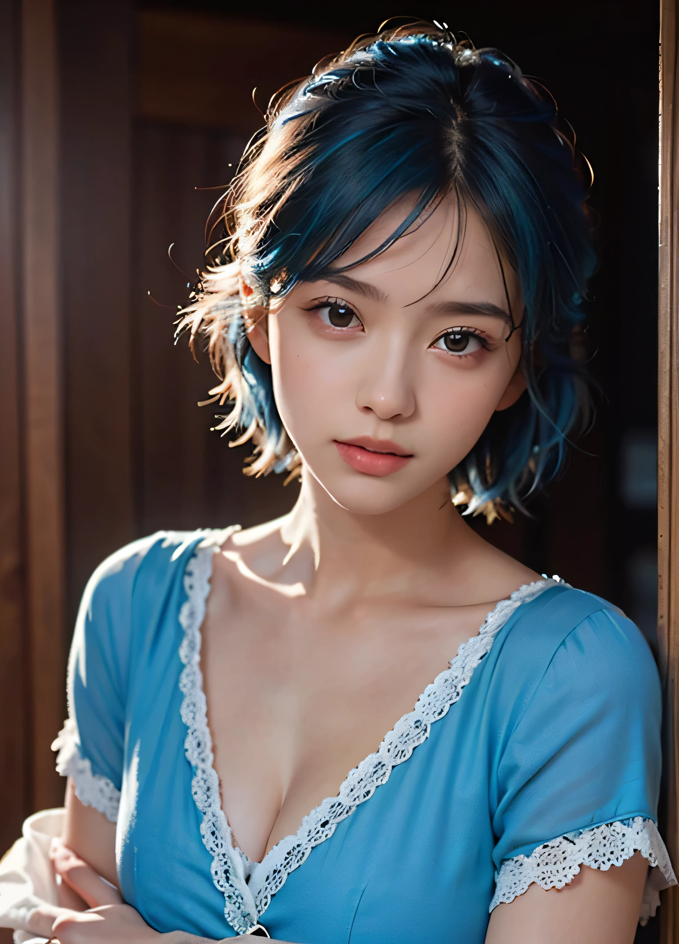 1girl, beautiful anime girl, beautiful a perfect face, young girl, (Blue hair:1.3), (Short hair), hair bangs, beautiful hair, pretty eyes, Cyan eyes, maid outfit, beautiful maid outfit, Detailed Maid, the perfect body, Perfect skin, round face, good anatomy, good anatomy of the hand, good anatomy груди, Good facial anatomy., good anatomy глаза, good anatomy уха, good the perfect body, A perfect chest, Detailed Face, 詳細な目, Detailed body, detailed breast, cinematic quality, wide field of view, Japanese Room, Japanese house background, Beautiful traditional Japanese house, hyperRealistic room, High-quality lighting, Realistic lighting, Masterpiece, detailed lighting Realistic lighting, 4k, 8K , Raw Ulta,portrait photography, high-resolution photography, Focus on the subject, beautiful girl photography wallpaper, (Perfect-Shadow-Highlights), (picture-perfect-face-body), cleavage, Realistic body, Realistic face, Realistic breasts, Realistic hands, Realistic hair, a perfect face, the perfect body, A perfect chest, perfect arms, Perfect hair, good anatomy, Detailed body, Detailed Face, Detailed hands, detailed breast, good anatomy of the hand good body anatomy, good anatomy груди, perfect anatomy, (Realistic:1.5), (photoRealistic:1.5), hyperRealistic, super Realistic, intricate details, fine details, good lighting, good lighting dynamic range, photoRealistic lighting, Cinematic Lightning background, photo realism, dinamic lighting, Intricate lighting, Realistic lighting directional lighting, Cinematic Lightning, Super Sharp, sharp details, Very High Definition, Clear resolution, 4k resolution, 8K resolution, High quality 10-bit RAW, (Masterpiece:1.5), (photographically-detailed-real background), Ideal composition for photos, indoor photography, photoRealistic photography, Realistic background, PhotoRealistic background, rose garden background, photografic, Cinematic Lighting Background, photoRealistic detailed background, Super detailed item, super detailed background