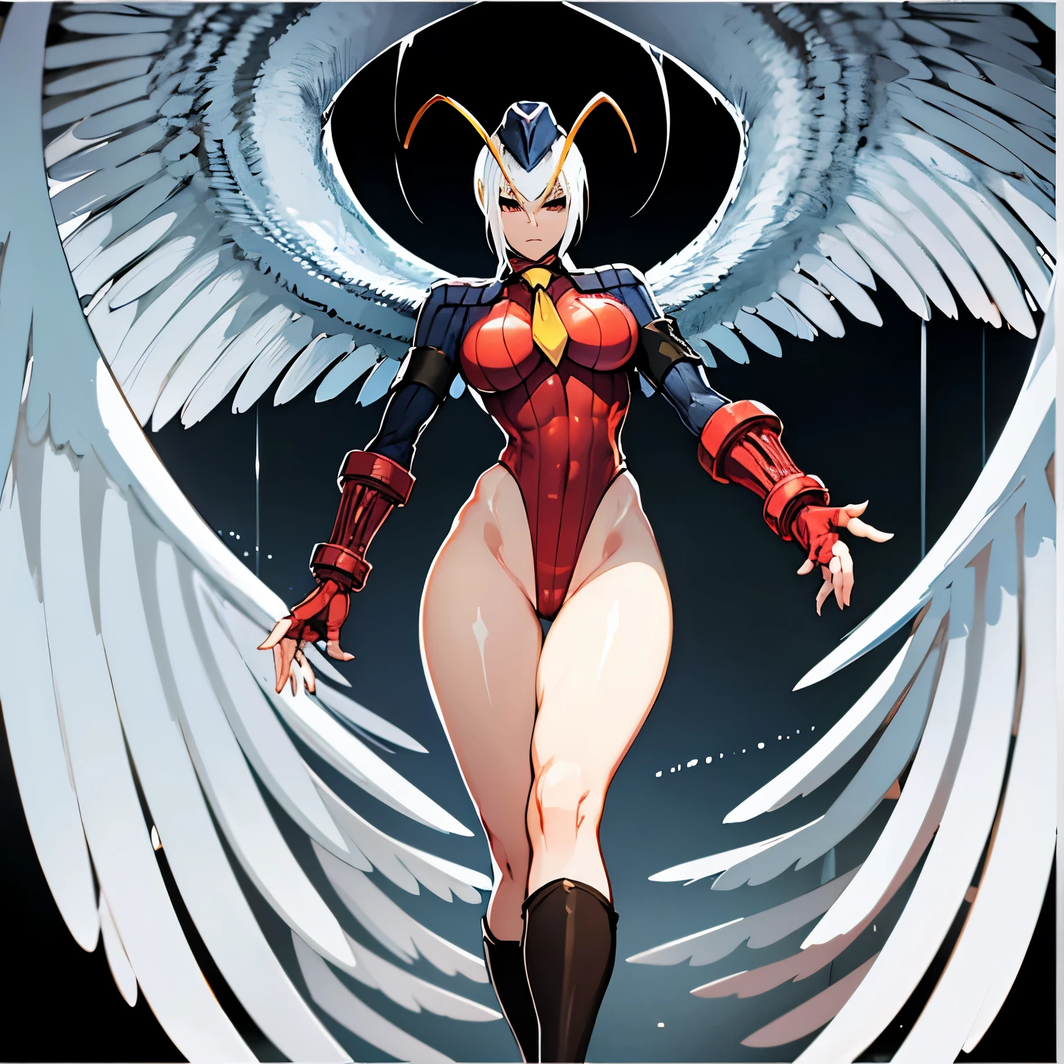 ultra-detailed, Explicit, Beautiful body, Beautiful Nose, Beautiful character design, perfect eyes, perfect face, ultra highres, 4K, beautiful legs, perfect legs, Nice hands, Perfect hand, Masterpiece, Best Quality, Highly detailed, illustration, absurdres, street fighter, doll suit, shadaloo doll, dollsuit, girls, multiple girls, expressionless, blank eyes, looking at viewer, red gloves, emotionless, black latex, corrution, mind control, female combatant, full body, hypnotized, unhappy trance, full body suit, ribbed bodysuit, both arms at side, stand up straight, obey, perfect female body, extremely glossy latex, hypnosis, hypnoLora, empty eyes, Mind control device, poses, brainwashed, submissive_pose, Slave, hat, necktie, stand up straight, standing, standing at attention, belt, latex, garter belt, thighhighs, Fighting stance, sirene_devilman, white wings, white feather,