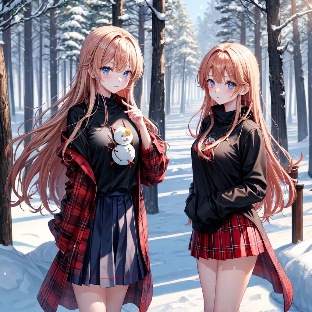 red blonde、blue eyess、one good looking girl、独奏、animesque、Plaid miniskirt、Black T-shirt、coat、the woods、Sunlight、Looks cold、Snow is piled up、kicking snow、snowman