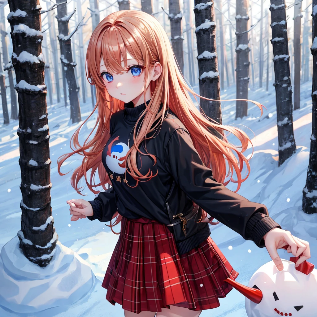 red blonde、blue eyess、one good looking girl、独奏、animesque、Plaid miniskirt、Black T-shirt、coat、the woods、Sunlight、Looks cold、Snow is piled up、kicking snow、snowman