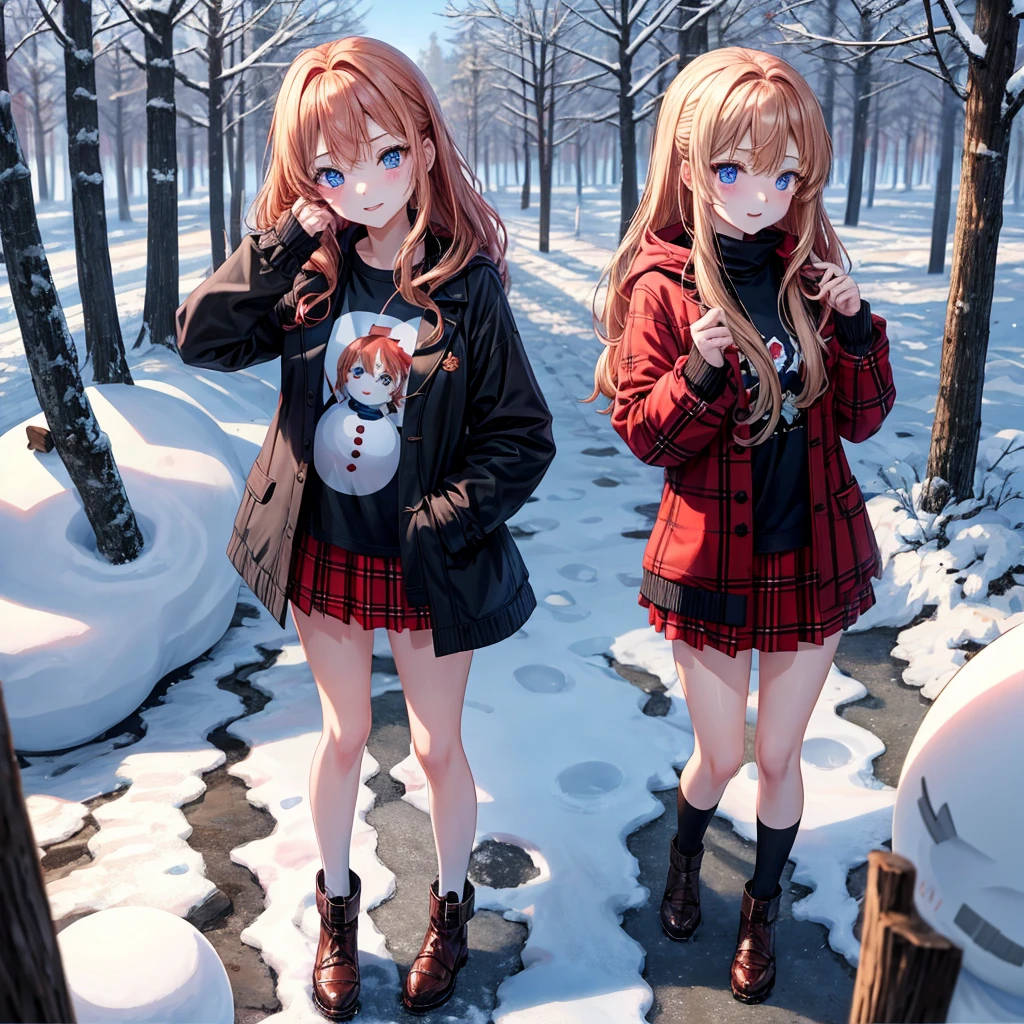 red blonde、blue eyess、one good looking girl、独奏、animesque、Plaid miniskirt、Black T-shirt、coat、the woods、Sunlight、Looks cold、Snow is piled up、kicking snow、snowman
