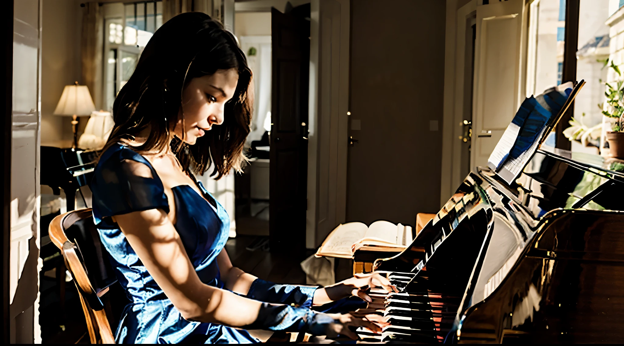 A girl in her twenties is playing the piano while wearing a sky blue evening dress with the back exposed. Her hair is white to sky blue.