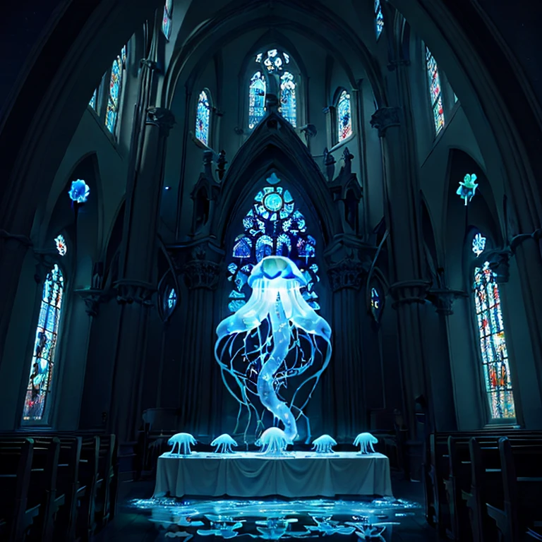 let there be light, 1 blue jellyfish, surreal art, church in deep water, dark theme, stained glass