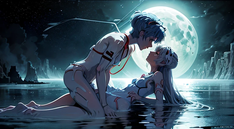 tied up naked Rei Ayanami from Neon Genesis Evangelion kissing shinji ikari, blue lagoon, night, moon