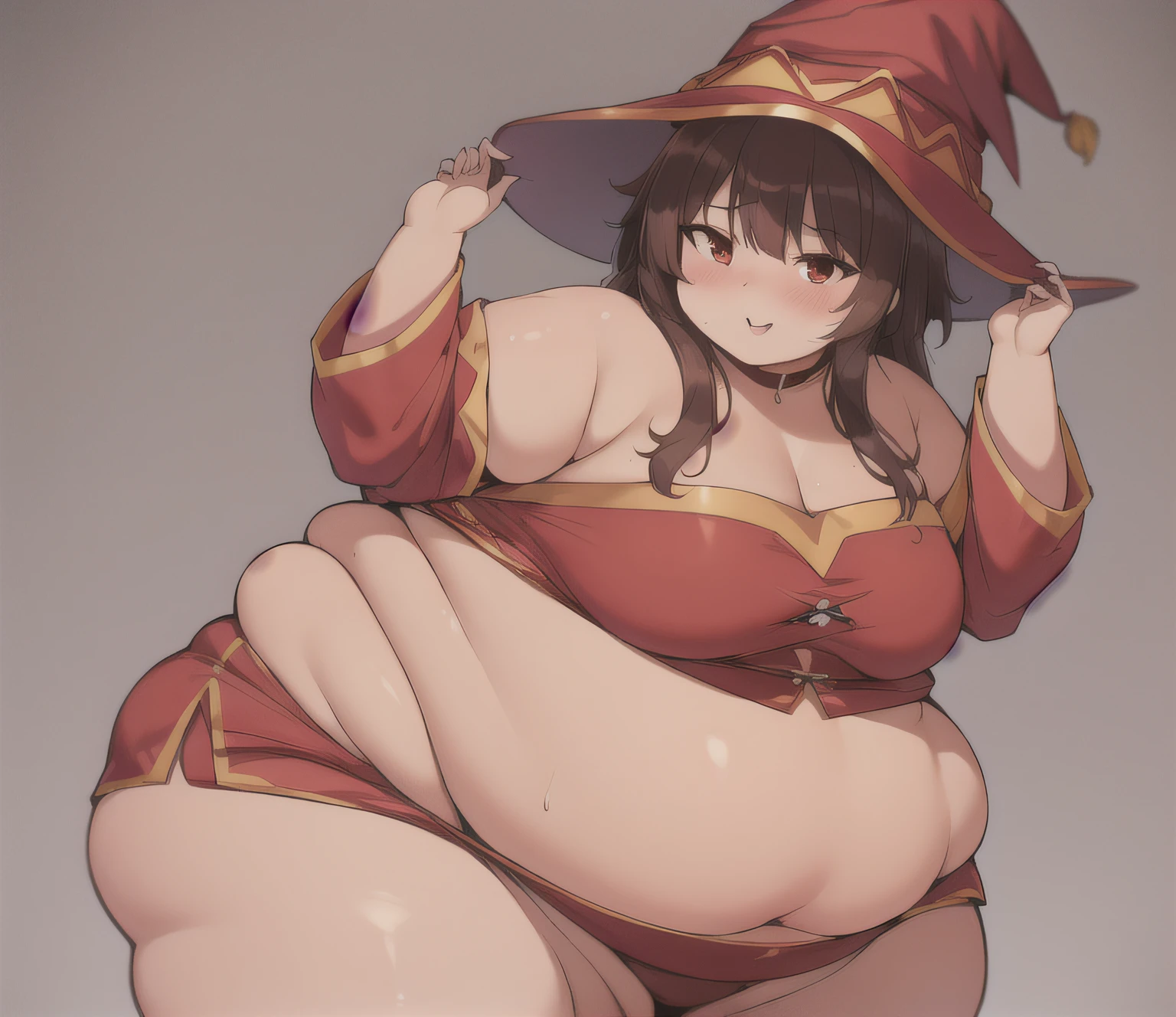 realistic lighting, luz natural, (anatomia perfeita), (sozinho), (Menina gordinha), (body curvy), Megumin, bochechas extra grandes, kalap, witch kalap, brown hair, cabelos curtos com mechas longas, olhos vermelhos, corar, USSBBW, peito pequeno, pele branca, Feliz, bumbum grande