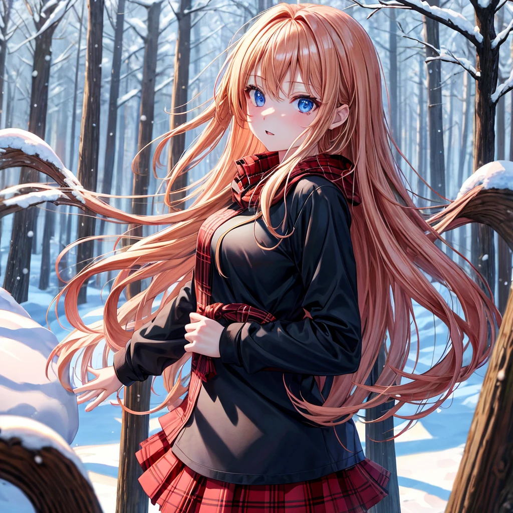 red blonde、blue eyess、one good looking girl、独奏、animesque、Plaid miniskirt、Black T-shirt、coat、the woods、Sunlight、Looks cold、Snow is piled up、kicking snow、Making a snowman