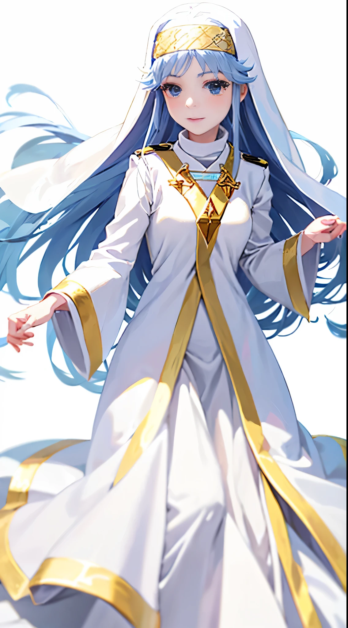 a woman in a white dress with long hair and a crown, portrait knights of zodiac girl, knights of zodiac girl, white haired deity, flowing white robes, flowing hair and long robes, albedo from the anime overlord, anime goddess, tsuaii, hestia, female anime character, lady palutena, shuushuu anime image, anime character，magic directory，Anime female characters in magic directory，Index&#39;s white nun，Silver metallic luster long hair，White nun&#39;s robe with gold lace，White nun&#39;s headscarf with gold lace，Index - A Certain Magical Index，Anime female characters in the magic catalog，Index&#39;s white nun，Silver metallic luster long hair，White nun&#39;s robe with gold lace，White nun&#39;s headscarf with gold lace，Dancing in the background of forest flowers，Dancing in the background of forest flowers，Dancing in the background of forest flowers
