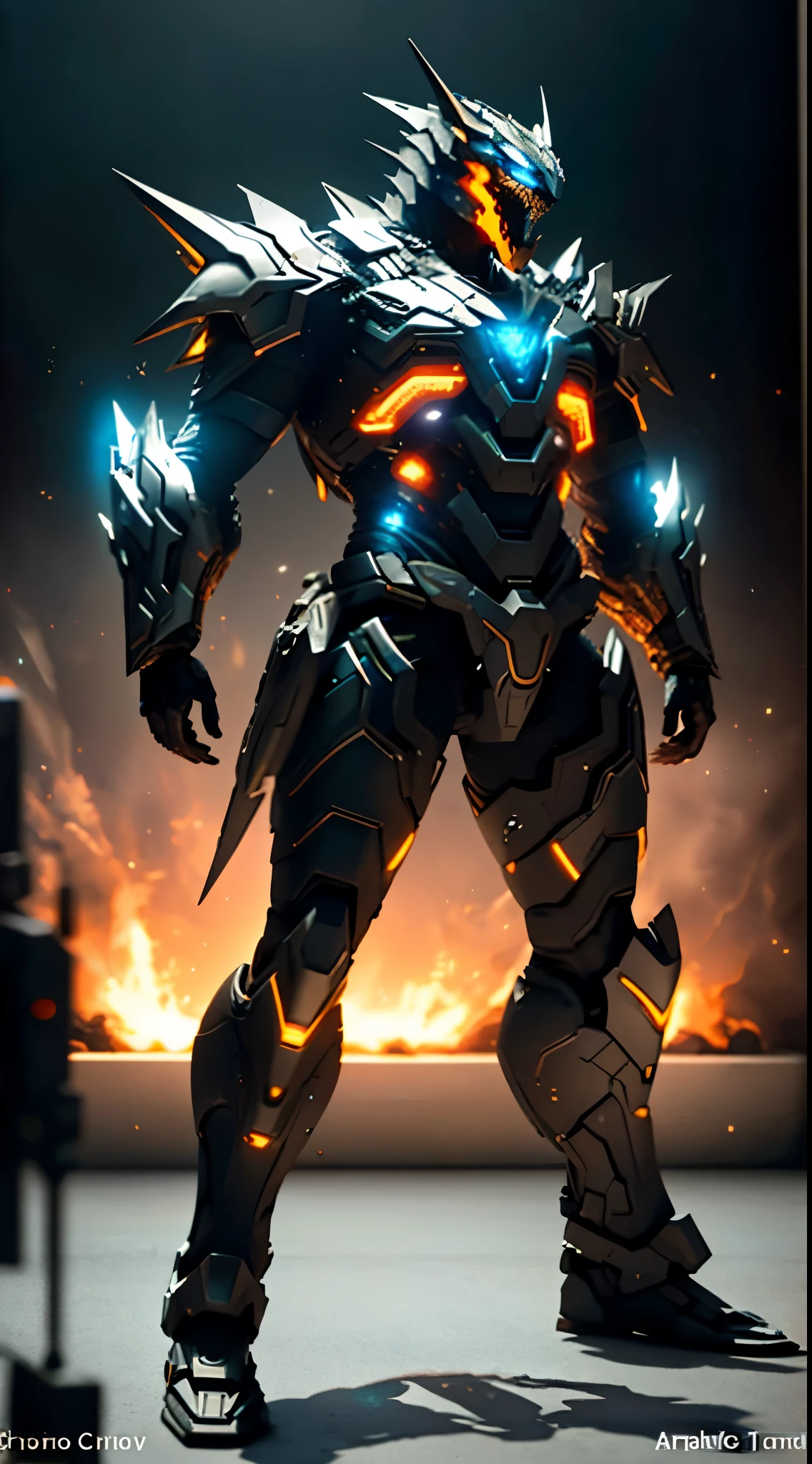 A high-tech combat armor suit inspired by Godzilla concept, Godzilla concept biotech battle armor, High-tech armored suits, psychedelic details, BiophyllTech, add electric power around, A bio-sensitive high-tech battle armor suit infused with Godzilla characteristics, The angular design on the body is illuminated and the display is charging, energy waves, Energy particles, octane render, unreal engine 5, high definition, best quality, highres, ultra-detailed, fantasy, Ultra-complex design, ultra-fine painting, extremely delicate, professional, perfect images quality, realistic, sure real, creativity, RAW photo, UHD, 32k, Natural light, cinematic lighting, best shadow, anatomically correct, masterpiece-anatomy-perfect, masterpiece:1.5