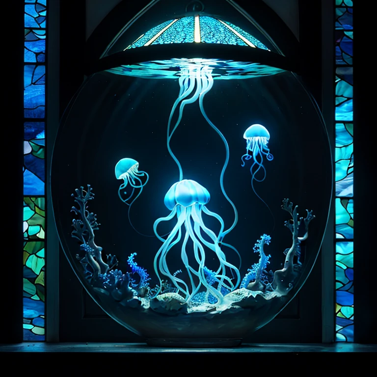 let there be light, 1 tiny blue jellyfish, surreal art, in deep water, dark theme, stained glass, tentacles