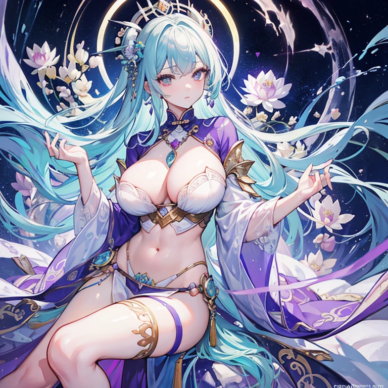 Sexy transparent white gold low cut lace armor cleavage、Close up portrait of woman holding lotus flower in hand, head jewelry, Violet Necklace, Jade Belt , Toned abs, a beautiful fantasy empress, ((a beautiful fantasy empress)), beautiful celestial mage, beautiful character painting, full-body xianxia, portrait knights of zodiac girl, by Yang J, G Liulian art style, Fantasy Art Style, foreshortening