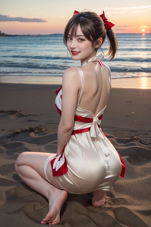 masutepiece, Best Quality, 23years old,Ultra-detailed, finely detail, hight resolution, 8K Wallpaper, Perfect dynamic composition, Natural Color Lip,(wearing a short red and white dress:1.5),(Ponytail:1.3),drawn action: (Girl is sitting,barefoot on the sand 1.3),(silk red and white ribbon dress:1.4)20 years girl,(Full body:1.3),Shot from behind,Enjoy the sunset,NSFW,Looking back and smiling,