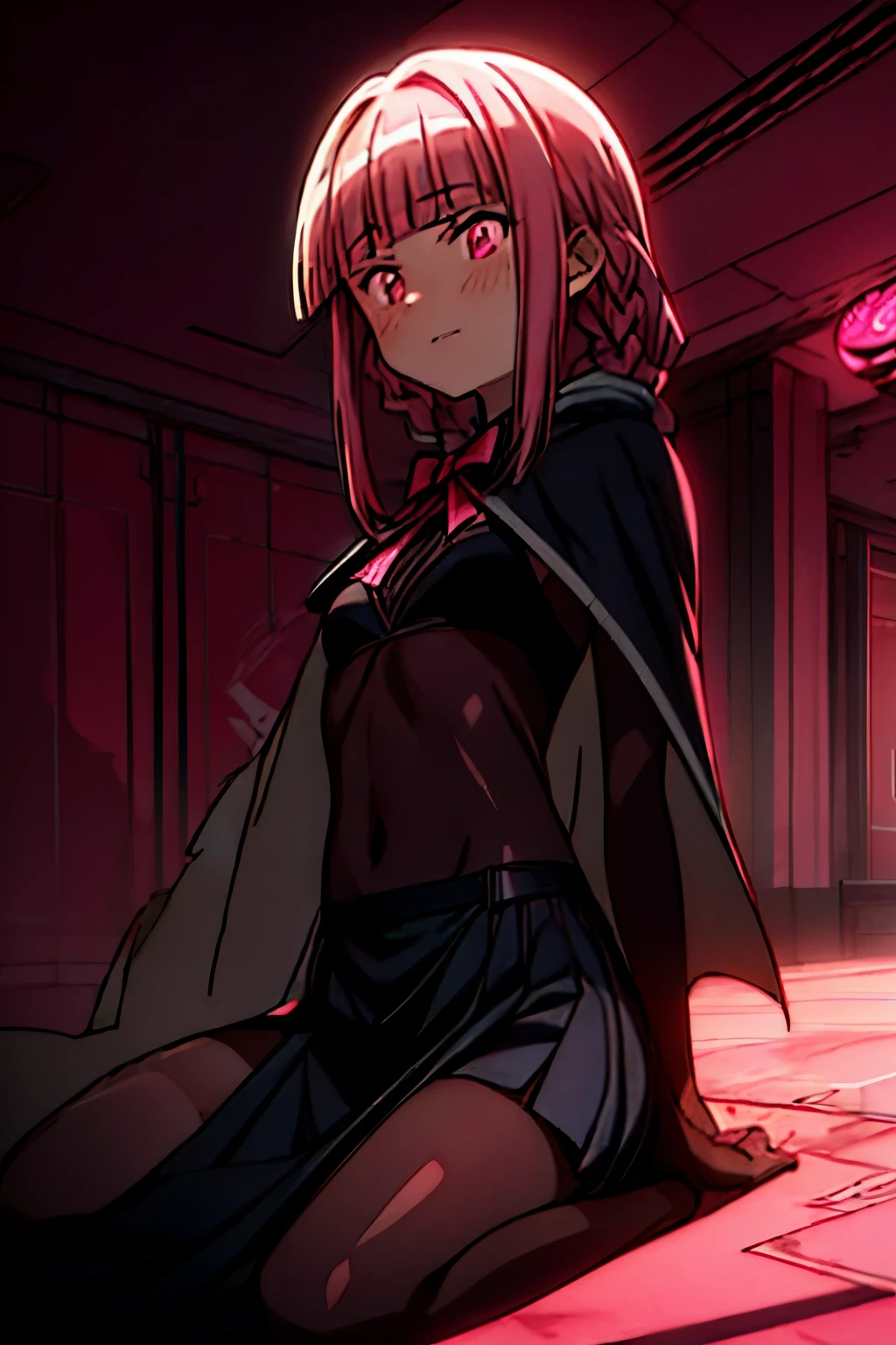(1girl, solo), tamaki_iroha_puellamagimadokamagicasidestorymagiarecord, pink hair, (blunt bangs:1.5), (pink eyes:1.5), braid, sidelocks, long hair, (small breast:1.2), (cloak, hooded cloak, bow,) looking at viewer, evil smile, blush, (blood, covered in blood, blood on arm, blood on face, blood on clothes, blood on hands, blood wet), jewelry, shoes, indoor, (masterpiece:1.2), best quality, high resolution, unity 8k wallpaper, (illustration:1.5), magical girl, anime style, anime coloring, (beautiful detailed eyes:1.6), extremely detailed face, perfect lighting, extremely detailed CG, (perfect hands, perfect anatomy), (dynamic pose, dynamic angle:1.1), (full body:1.2), (depth of field), quality focus, sharp focus, perfect composition, shaded face, cyberpunk setting, futuristic city in background, various colors, (details:1.2), colorful, shadow, scenery, graphedium, intricate, caustics, wide shot, extremely detailed background,