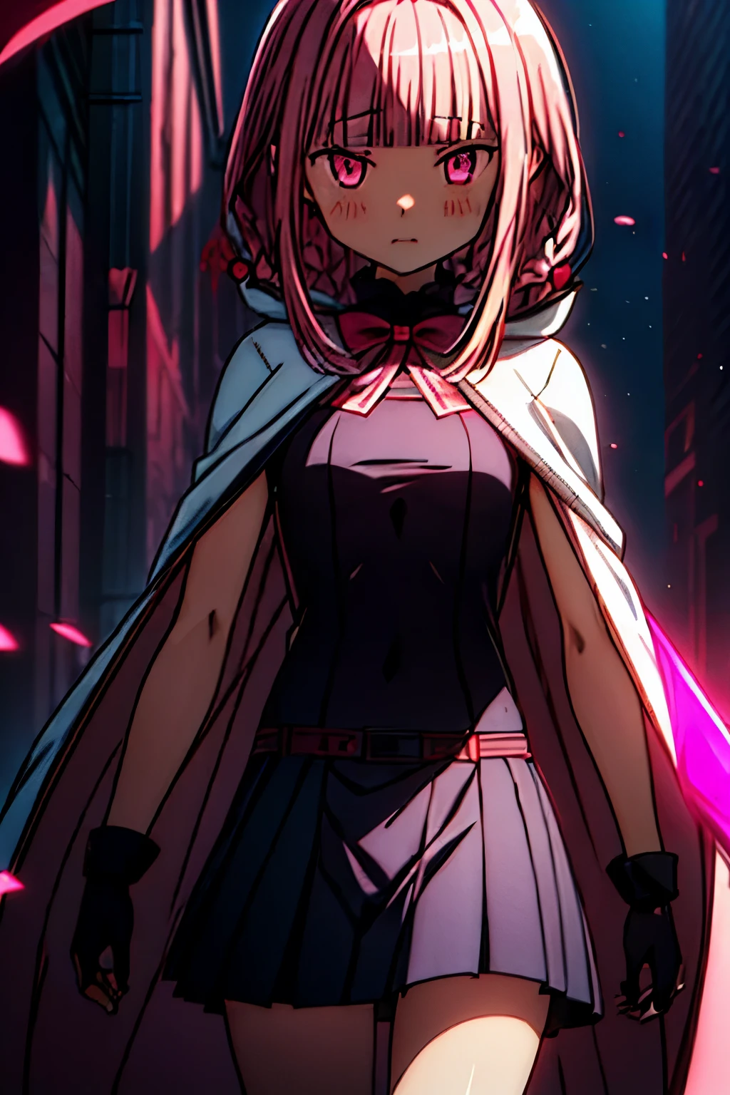 (1girl, solo), tamaki_iroha_puellamagimadokamagicasidestorymagiarecord, pink hair, (blunt bangs:1.5), (pink eyes:1.5), braid, sidelocks, long hair, (small breast:1.2), (cloak, hooded cloak, bow,) looking at viewer, evil smile, blush, (blood, covered in blood, blood on arm, blood on face, blood on clothes, blood on hands, blood wet), jewelry, shoes, indoor, (masterpiece:1.2), best quality, high resolution, unity 8k wallpaper, (illustration:1.5), magical girl, anime style, anime coloring, (beautiful detailed eyes:1.6), extremely detailed face, perfect lighting, extremely detailed CG, (perfect hands, perfect anatomy), (dynamic pose, dynamic angle:1.1), (full body:1.2), (depth of field), quality focus, sharp focus, perfect composition, shaded face, cyberpunk setting, futuristic city in background, various colors, (details:1.2), colorful, shadow, scenery, graphedium, intricate, caustics, wide shot, extremely detailed background,