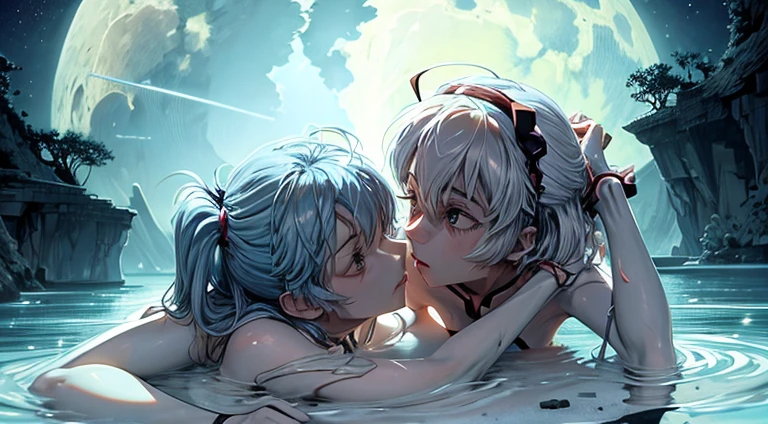 tied up naked Rei Ayanami from Neon Genesis Evangelion kissing shinji ikari, blue lagoon, night, moon
