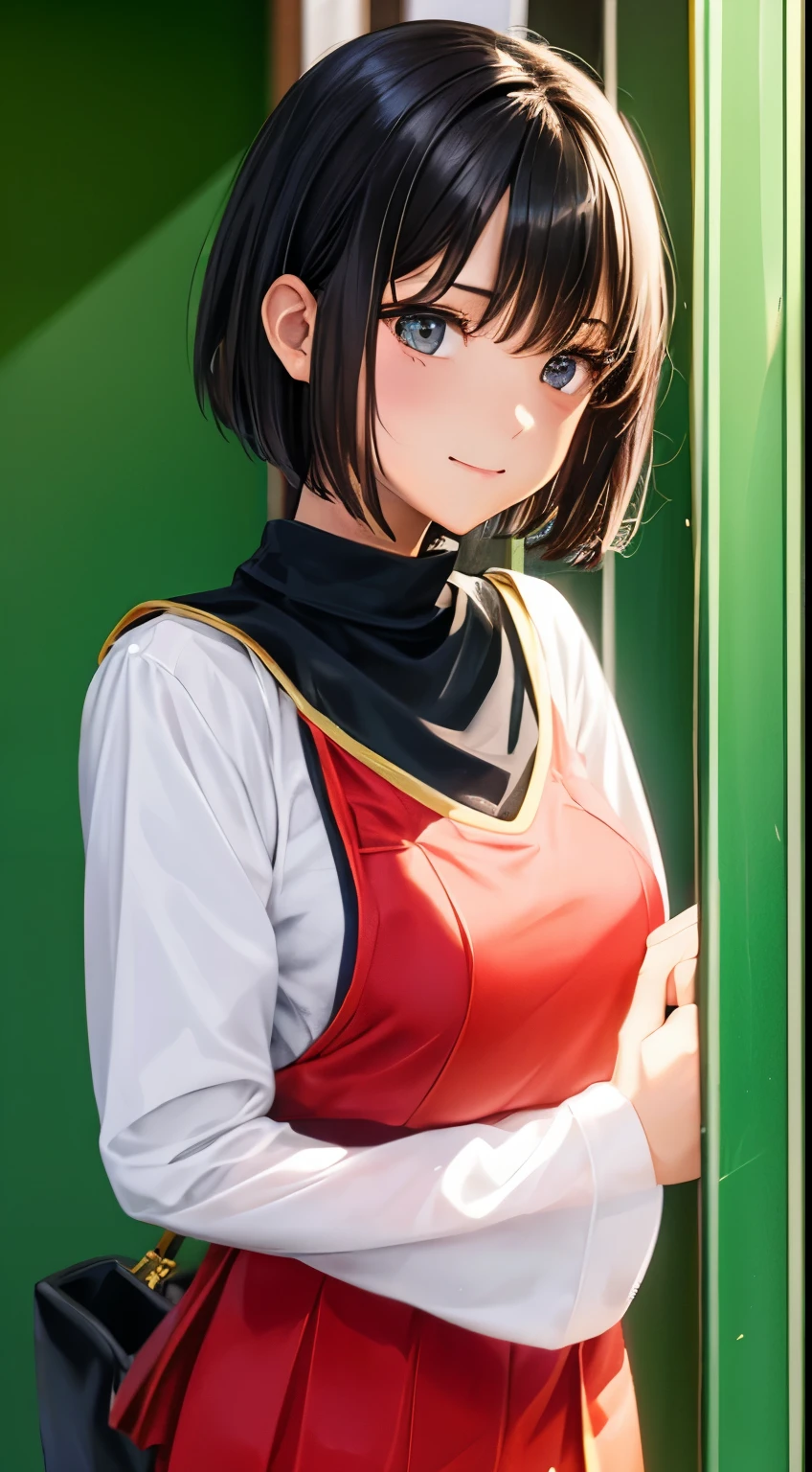 Super shy girl, short hair, Indonesian high school costume, using black sweater