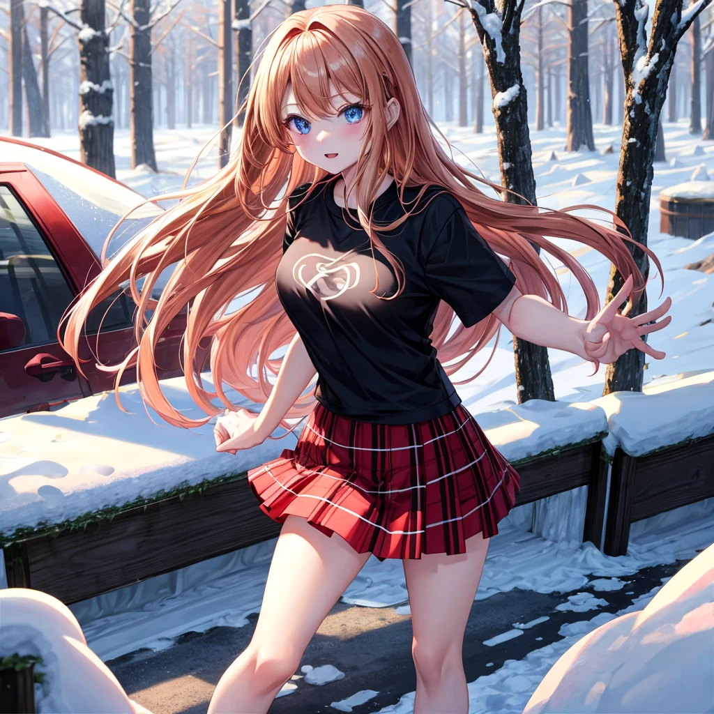red blonde、blue eyess、one good looking girl、独奏、animesque、Plaid miniskirt、Black T-shirt、coat、the woods、Sunlight、Looks cold、Snow is piled up、kicking snow