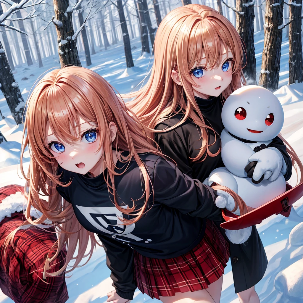 red blonde、blue eyess、one good looking girl、独奏、animesque、Plaid miniskirt、Black T-shirt、coat、the woods、Sunlight、Looks cold、Snow is piled up、kicking snow