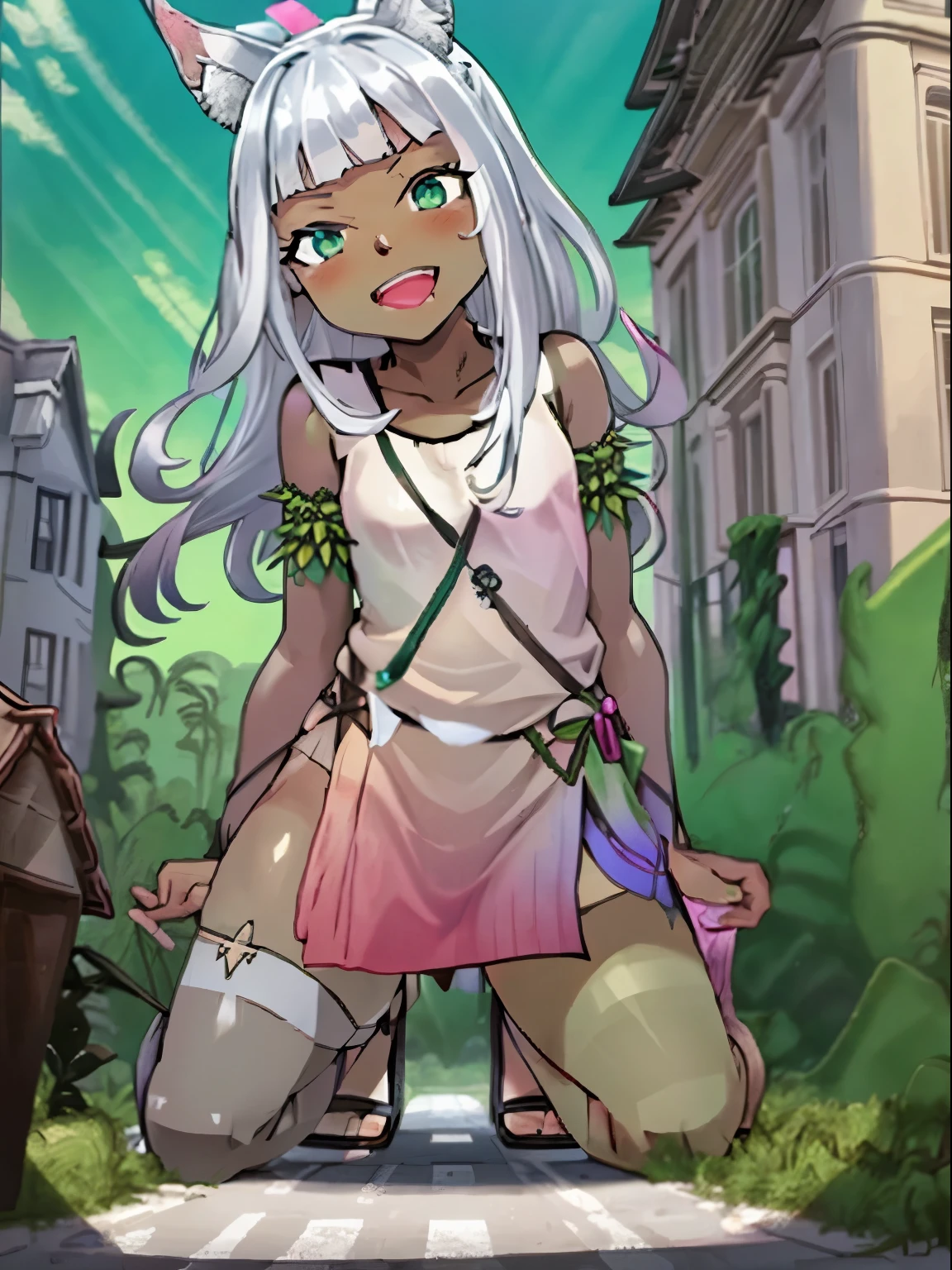Ochette, girl, dark skin, white hair, green eyes, giantess, huge, small viewer, 70 ft tall, cute, full body, best quality, pink dress, metal bracelets, larger than buildings, flat ground, street, ground visible, black shorts, wearing shorts, adorable, kind, gentle, empty hands, small build, slim, smiling, detailed mouth, size difference, kneeling over skyscrapers, sandals, tiny city, socks, loose clothes, perfect proportions, blushing