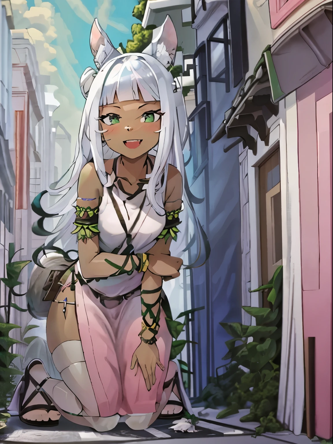 Ochette, girl, dark skin, white hair, green eyes, giantess, huge, small viewer, 70 ft tall, cute, full body, best quality, pink dress, metal bracelets, larger than buildings, flat ground, street, ground visible, black shorts, wearing shorts, adorable, kind, gentle, empty hands, small build, slim, smiling, detailed mouth, size difference, kneeling over skyscrapers, sandals, tiny city, socks, loose clothes, perfect proportions, blushing