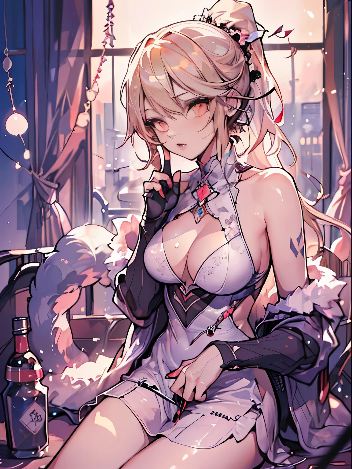 hiquality, Detailed depiction, Beautuful Women, Glowing eyes, False lashes, (accurate fingers, 1 thumb and 4 fingers), Blonde ponytail, Sheer white mini dress, Glossy thighs, Floral embroidery, Lustrous skin, Moisturized lips, inside in room,