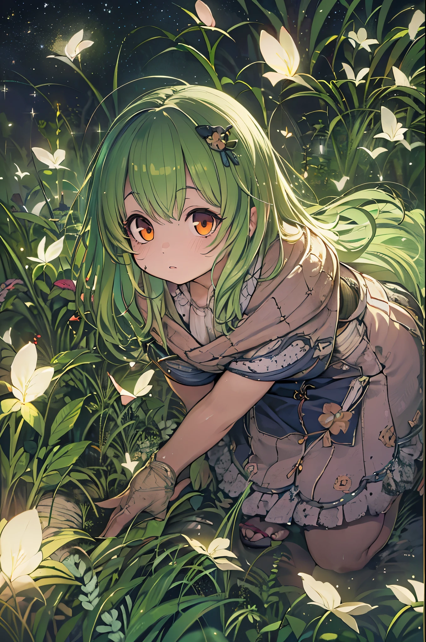 (8K, of the highest quality, masutepiece: 1.2), (Realistic, photoRealistic: 1.37), Super Detail, One girl, Wide-angle angle of view, Firefly Garden, There are many small faint lights and fireflies flying around, Night,Chibi、huge-breasted