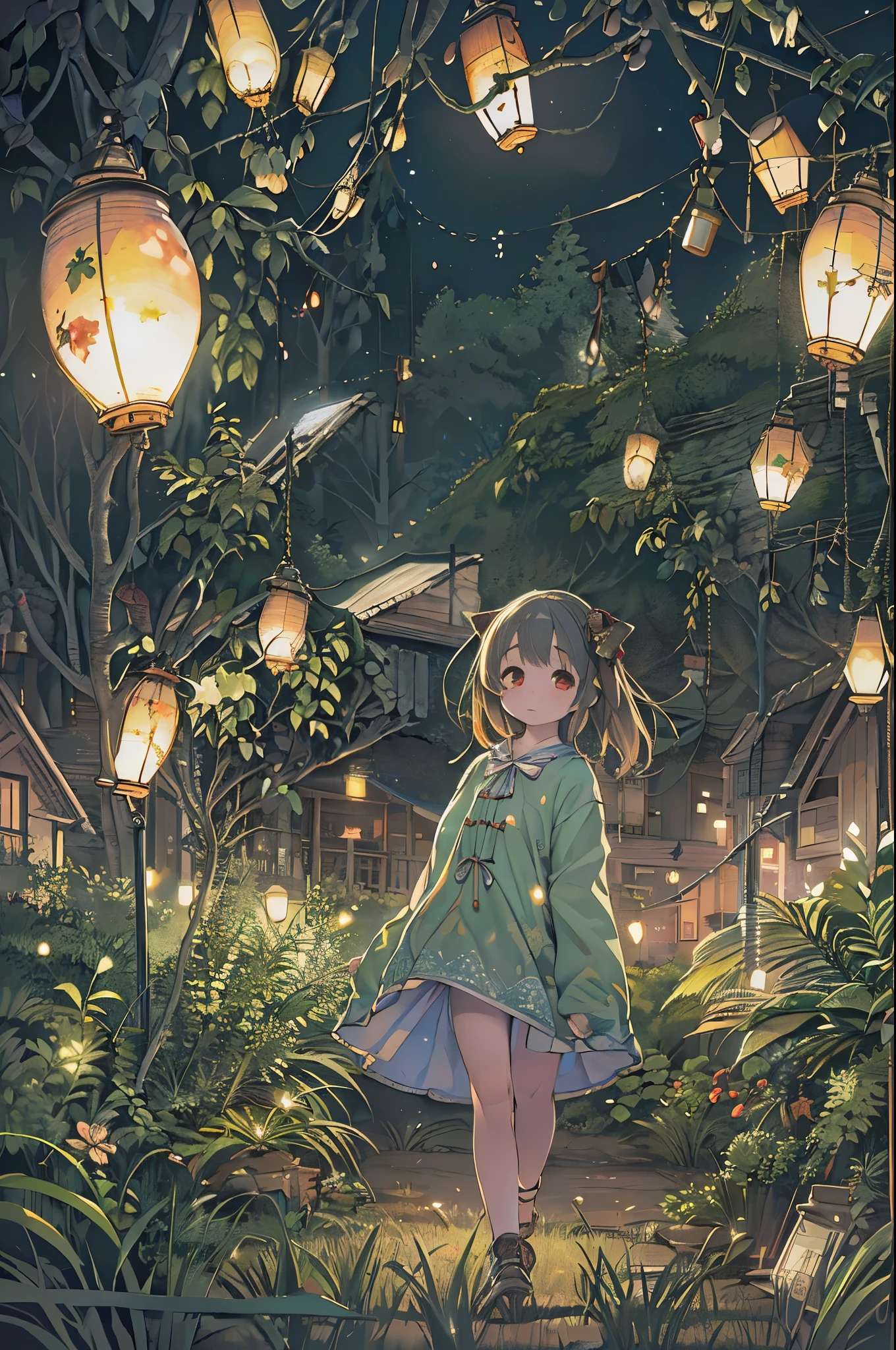 (8K, of the highest quality, masutepiece: 1.2), (Realistic, photoRealistic: 1.37), Super Detail, One girl, Wide-angle angle of view, Firefly Garden, There are many small faint lights and fireflies flying around, Night,Chibi、huge-breasted