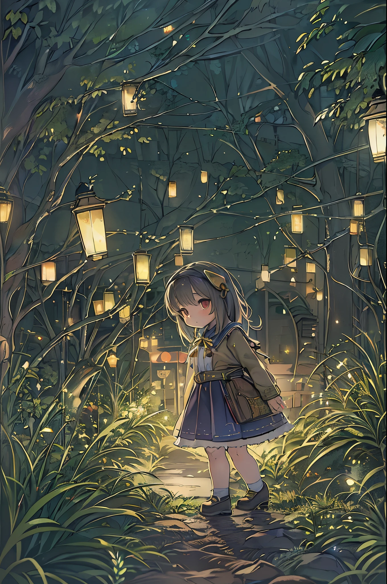 (8K, of the highest quality, masutepiece: 1.2), (Realistic, photoRealistic: 1.37), Super Detail, One girl, Wide-angle angle of view, Firefly Garden, There are many small faint lights and fireflies flying around, Night,Chibi、huge-breasted