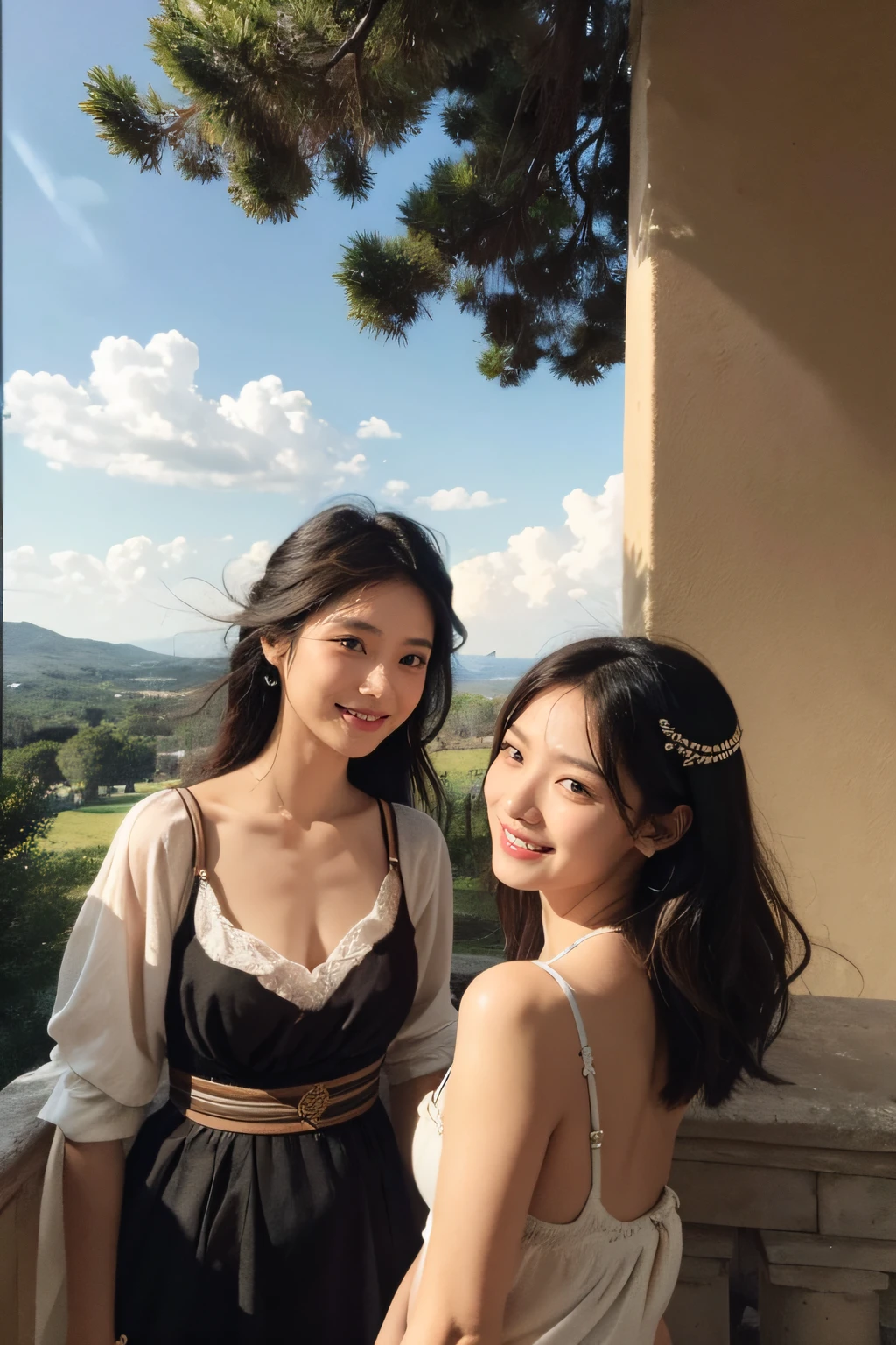 Ancient Roman ruins,Poussin-style landscape,A smile,,Sweet and seductive appearance.、Caravaggio's paintings、Chiaroscuro of Caravaggio、Hair disheveled in the wind,Two women frolicking,Cute smile, Expression of ecstasy,A sexy,Erotic