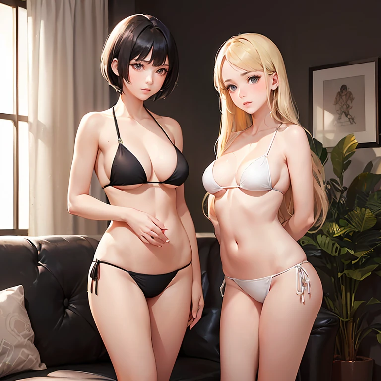 masterpiece, best quality, ultra detailed, beautiful face, beautiful skin, professional lighting, 2girls, (((on the right is a very flat chest black bikini girl with short black hair))), (((a little further away on the left is a large breasts white bikini girl with long blonde hair))), full body, on sofa