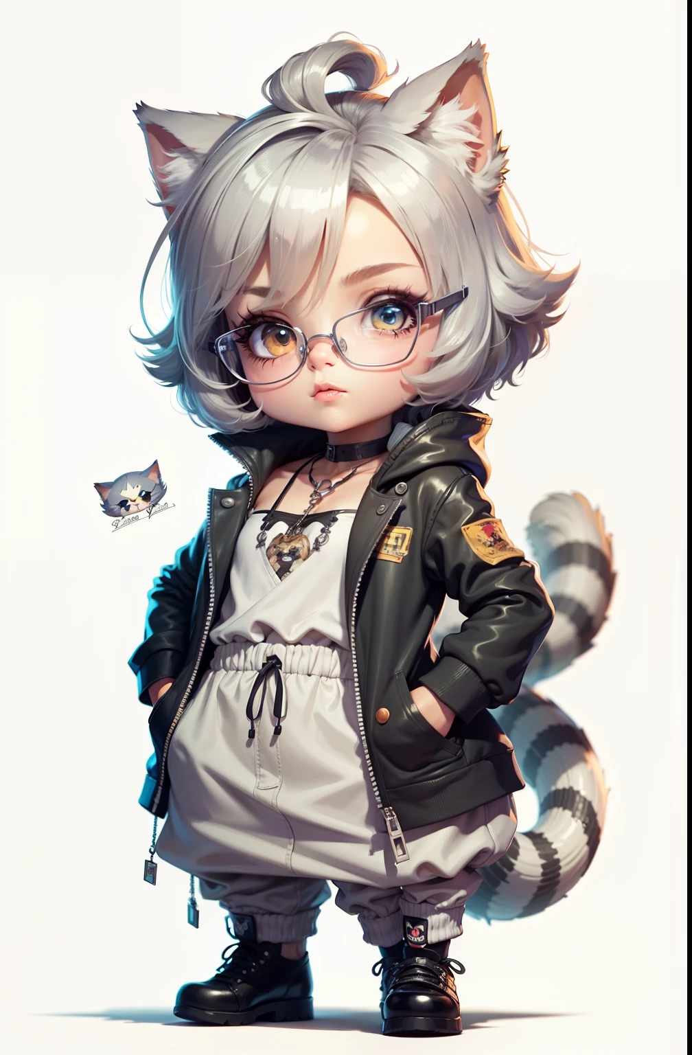 C4tt4stic, wearing a pair of glasses Cartoon cute silver tabby in feminine long dress, small tits, High heels,