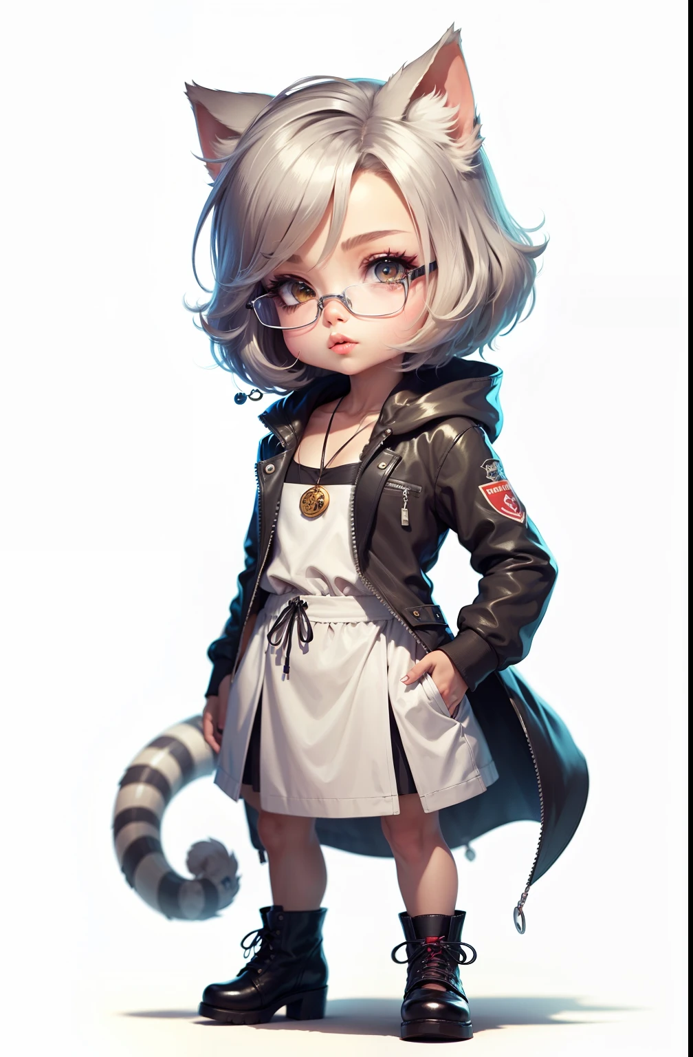 C4tt4stic, wearing a pair of glasses Cartoon cute silver tabby in feminine long dress, small tits, High heels,