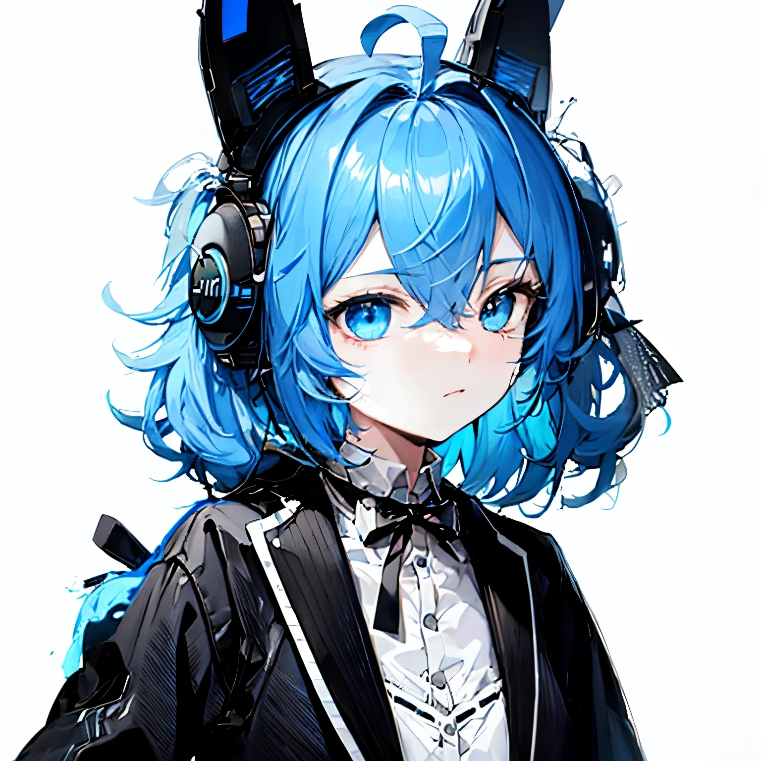 【Highest Quality, masutepiece】 [1 girl in,expressioness, (blue hair:1.3),Blue eyes,headphone,mechanical rabbit ears, ] (Gray white background:1.3),