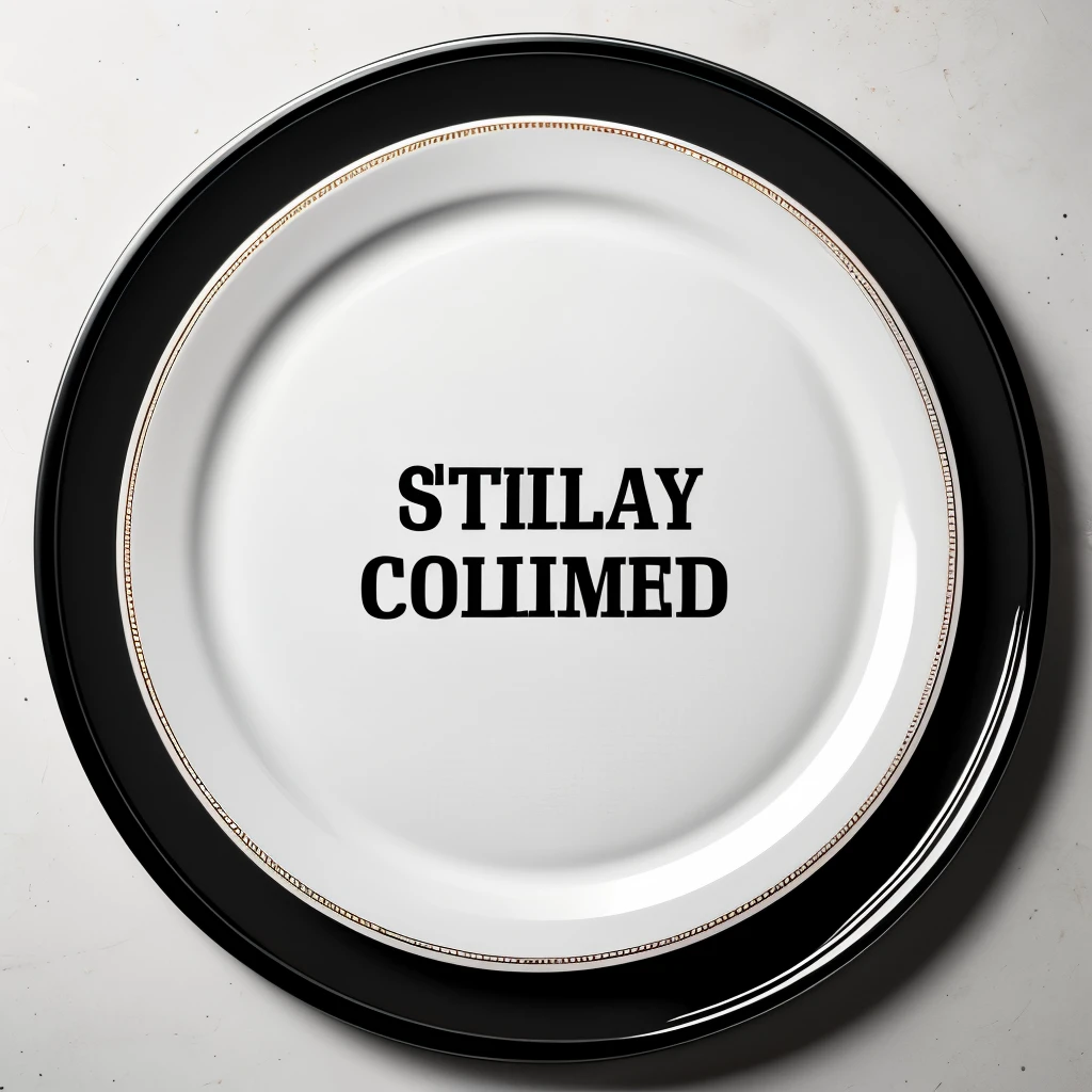A white plate with the words "Still to come" written on it, from above, finest image, 8k, RAW photo, realistic, detailed, delicate, flashy and dynamic depiction, black table, background black, professional lighting
