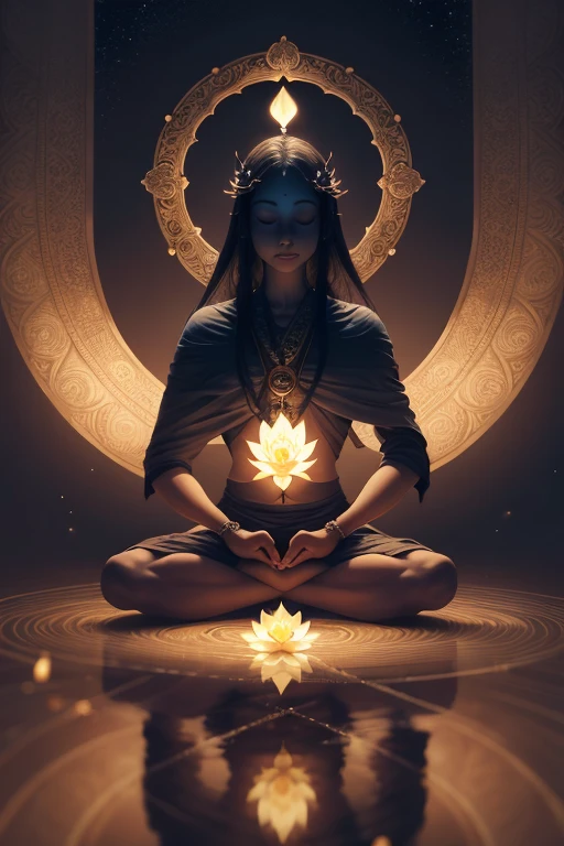 Alternate Nostril Breathing, hyper realistic, esoteric background, spiritual wisdom, beautiful lotus at the back, meditation, calm & serene, magical, high definition, 4k, calm place, no human, darker background yet bright lights enhancing beauty