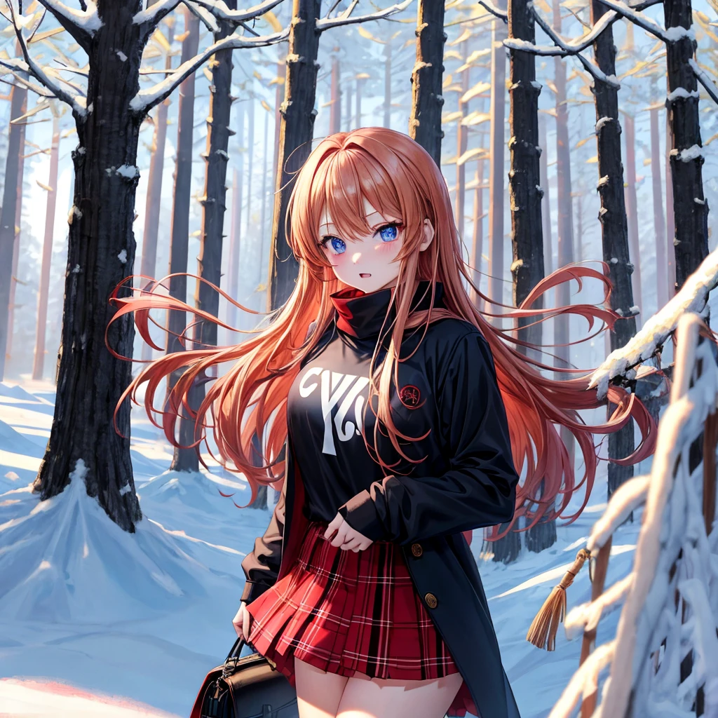 red blonde、blue eyess、one good looking girl、独奏、animesque、Plaid miniskirt、Black T-shirt、coat、the woods、Sunlight、Looks cold、Snow is piled up、kicking snow、Wearing a muffler、Gah