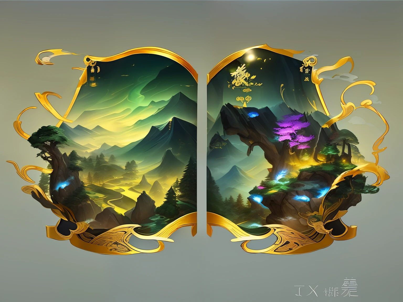 rich details,tmasterpiece, 8K, An opened magical scroll painting,The scroll depicts the scenery of great rivers and mountains,There is a small tree growing on the scroll,A dark green glowing golden spruce tree,Ancient Chinese Mythology and Art,antique art,The background is decorated with auspicious clouds and silk ribbons,Elegant and peaceful atmosphere,concept art illustration,Ink painting color blooming,Light painting rendering,Xianxia large-scale game CG field