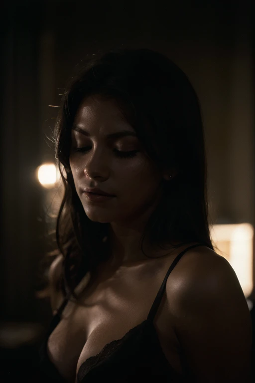 Deep photo, depth of field, ferrania p30 film, shadows, messy hair, perfect face and body, dark, nighttime, dark photo, grainy, dimly lit, seductive smirk, harsh camera flash ((eyes closed))