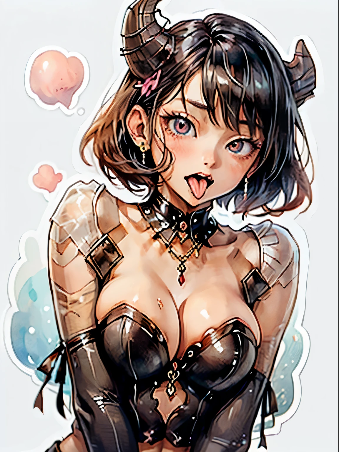 animesque、a sticker、顔と口メインのa sticker、Close-up of the mouth、1beautiful girl、pink cyber girl、sixteen years old、(((I mainly draw the mouth、super close up of mouth、tongue、long tongue、sticking out the tongue、Show the inside of the mouth、Open your mouth wide and show me your throat)))、Horns、short-hair、teak、lip stick、Colossal tits、cleavage of the breast、simple background、