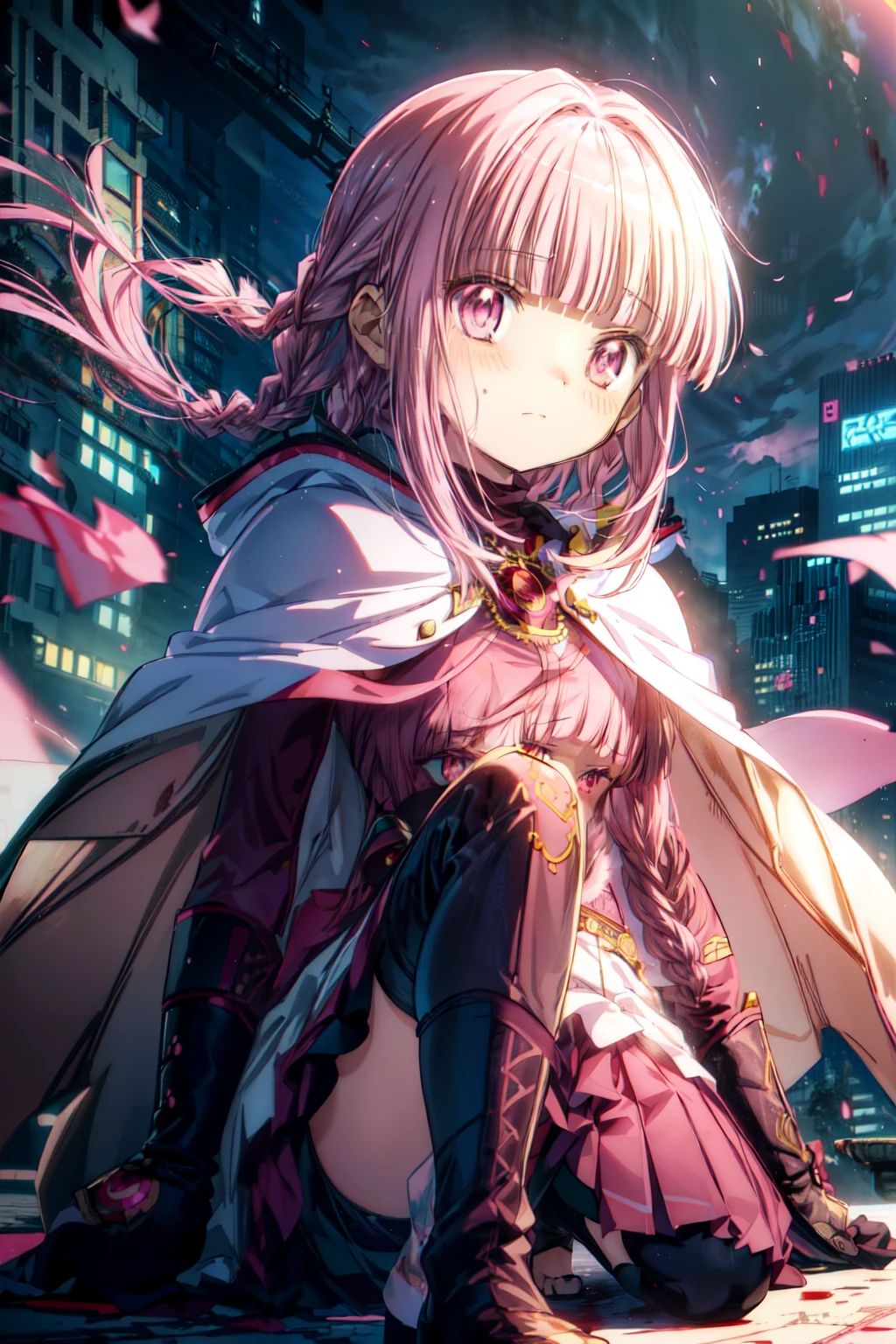 (1girl, solo), tamaki_iroha_puellamagimadokamagicasidestorymagiarecord, pink hair, (blunt bangs:1.5), (pink eyes:1.5), braid, sidelocks, long hair, (small breast:1.2), (white cloak, hooded cloak, bow,) looking at viewer, evil smile, blush, (blood, covered in blood, blood on arm, blood on face, blood on clothes, blood on hands, blood wet), jewelry, shoes, indoor, (masterpiece:1.2), best quality, high resolution, unity 8k wallpaper, (illustration:1.5), magical girl, anime style, anime coloring, (beautiful detailed eyes:1.6), extremely detailed face, perfect lighting, extremely detailed CG, (perfect hands, perfect anatomy), (dynamic pose, dynamic angle:1.1), (full body:1.2), (depth of field), quality focus, sharp focus, perfect composition, shaded face, cyberpunk setting, futuristic city in background, various colors, (details:1.2), colorful, shadow, scenery, graphedium, intricate, caustics, wide shot, extremely detailed background,