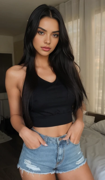 1 girl looking pouting, in distance, very pretty, 23 years old, tanned, long hair, black hair, dark brown eyes, sharp eyebrows, lips, realistic, moody, wearing top and shorts, far away, large chest, girl has a messy room above her head, selfie, hyper realistic, detailed skin, realistic eyes,