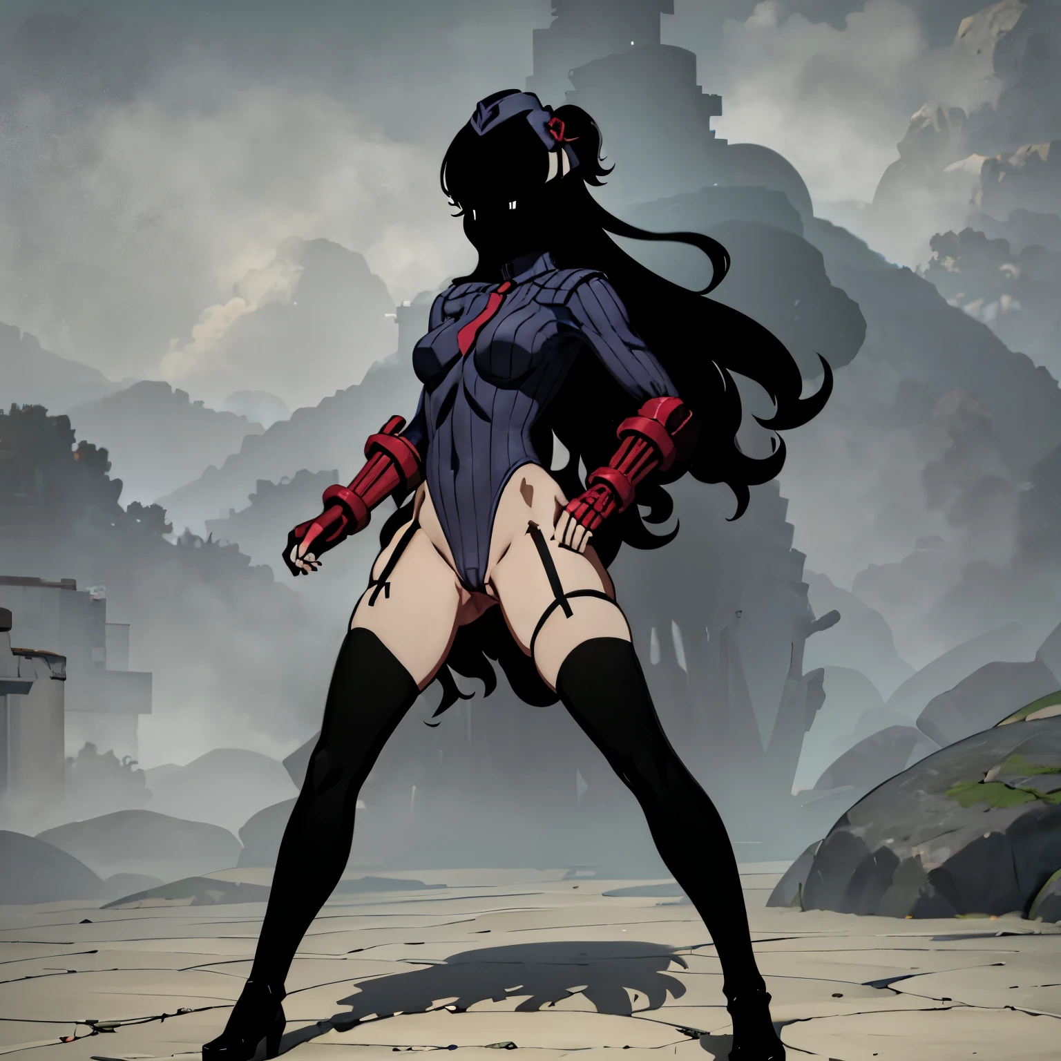 ultra-detailed, Explicit, Beautiful body, Beautiful Nose, Beautiful character design, perfect eyes, perfect face, ultra highres, 4K, beautiful legs, perfect legs, Nice hands, Perfect hand, Masterpiece, Best Quality, Highly detailed, illustration, absurdres, street fighter, doll suit, shadaloo doll, dollsuit, 1girl, Solo, expressionless, blank eyes, looking at viewer, red gloves, emotionless, black latex, corrution, mind control, female combatant, full body, hypnotized, unhappy trance, full body suit, ribbed bodysuit, both arms at side, stand up straight, obey, perfect female body, extremely glossy latex, hypnosis, hypnoLora, empty eyes, Mind control device, poses, brainwashed, submissive_pose, Slave, hat, necktie, stand up straight, standing, standing at attention, belt, latex, garter belt, thighhighs, Fighting stance, garter belt, No face, kate, shadow house, black face, shadows, silhouette, dark silhouette, long hair, hair flower