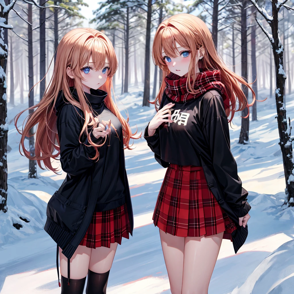 red blonde、blue eyess、one good looking girl、独奏、animesque、Plaid miniskirt、Black T-shirt、coat、the woods、Sunlight、Looks cold、Snow is piled up、kicking snow、Wearing a muffler、Gah