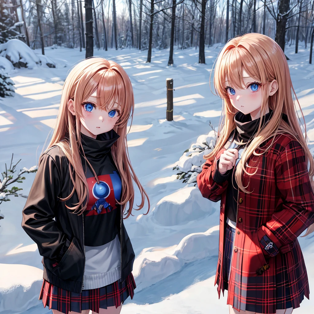 red blonde、blue eyess、one good looking girl、独奏、animesque、Plaid miniskirt、Black T-shirt、coat、the woods、Sunlight、Looks cold、Snow is piled up、kicking snow、Wearing a muffler、Gah