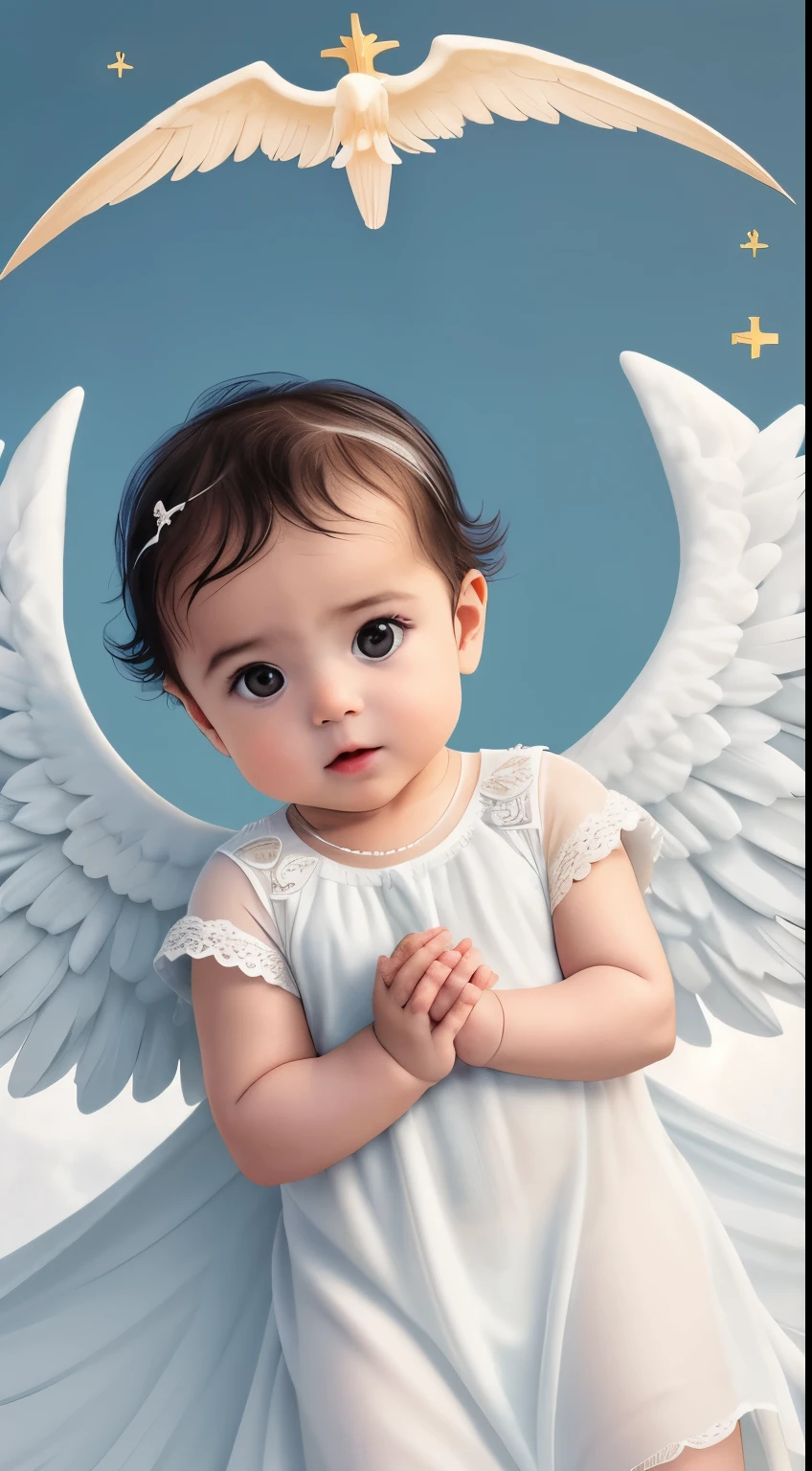 Create a scene of a 1 month old baby, Newborn baby, com cabelos loiros ondulados, cabelo loiro, realistic and with angelic wings for prayer videos.  hands in prayer position, The baby must be standing, with a calm expression, vestido com roupas de anjo e staring directly at camera com os olhos abertos. As asas do anjo devem ser delicadas e brancas, fixed on the child.  Baby in a Celestial Environment, com uma suave luz dourada ao seu redor, evocando uma atmosfera de paz e espiritualidade, creating a sense of serenity, Hope and divine protection.  In the image there is only a single baby. Concentre-se em capturar detalhes realistas, Por favor, Look up at the camera. foco frontal, staring directly at camera. 8k, Ultra realista