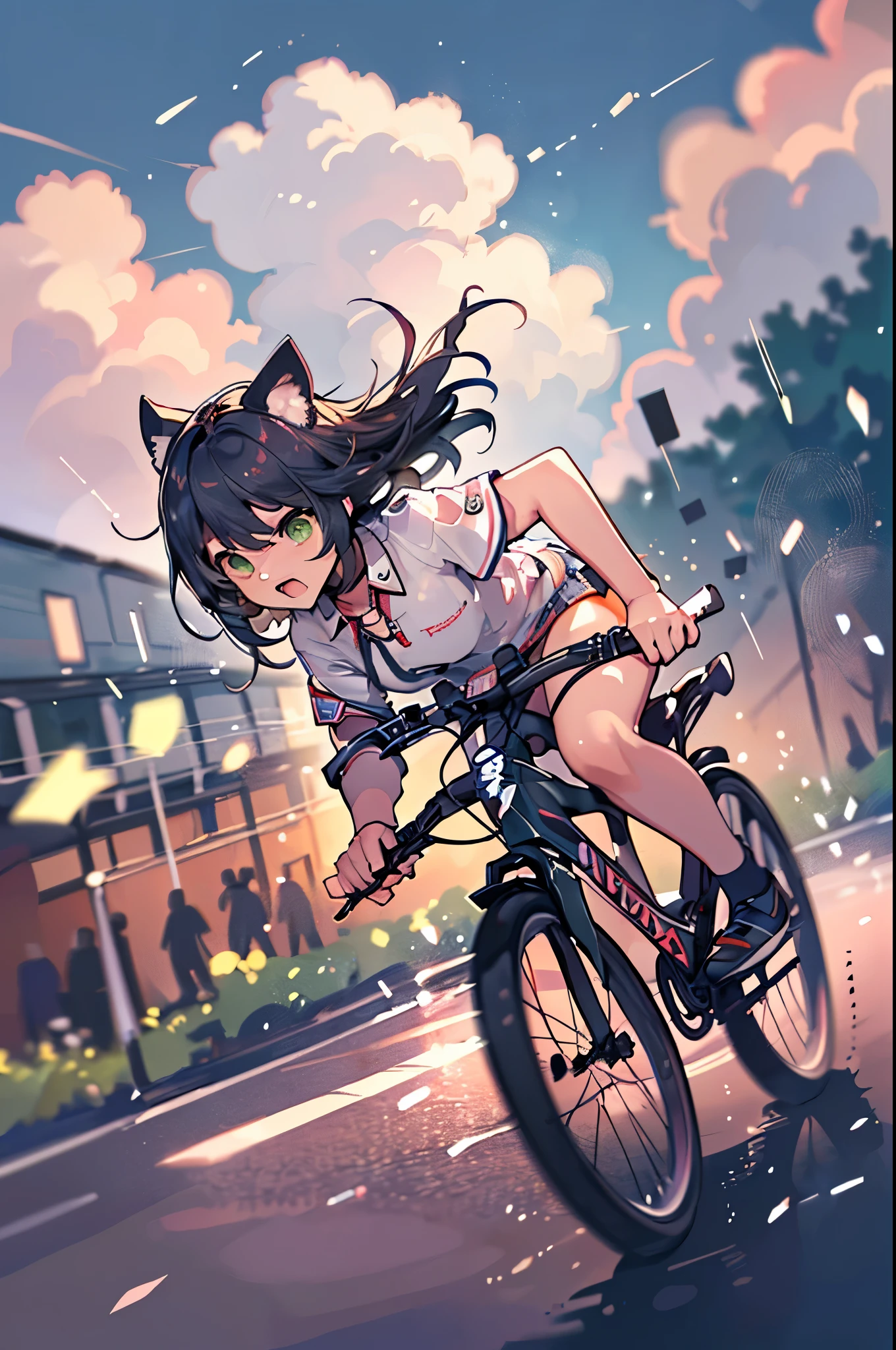 ((masterpiece, best quality)), A (speeding) red bike City at high speed, (slow motion: 1.3), (motion blur: 1.3), (speedline: 1.4), sense of speed, catgirl, short green bob hair, green eyes, sparks and smoke from tires, hair blowing in the wind