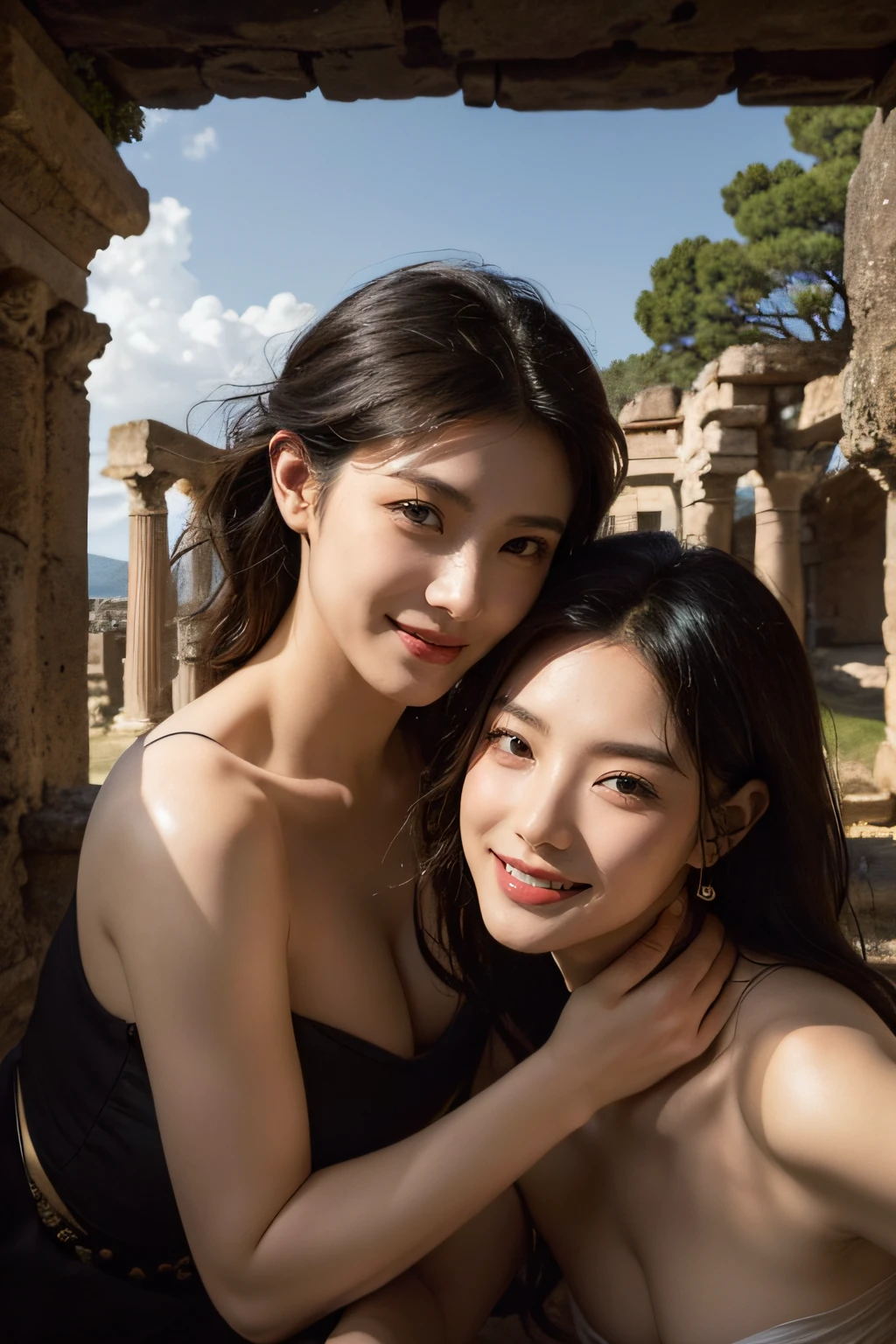Ancient Roman ruins,Poussin-style landscape,A smile,,Sweet and seductive appearance.、Caravaggio's paintings、Chiaroscuro of Caravaggio、Hair disheveled in the wind,Two women frolicking,Cute smile, Expression of ecstasy,A sexy,Erotic