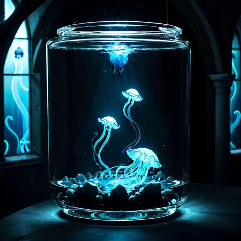 let there be light, 1 tiny blue jellyfish in glass pot, surreal art, in deep water, dark theme, church, tentacles