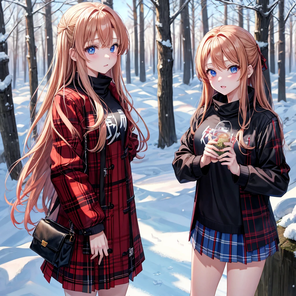 red blonde、blue eyess、one good looking girl、独奏、animesque、Plaid miniskirt、Black T-shirt、coat、the woods、Sunlight、Looks cold、Snow is piled up、kicking snow、Wearing a muffler、Gah、Rime