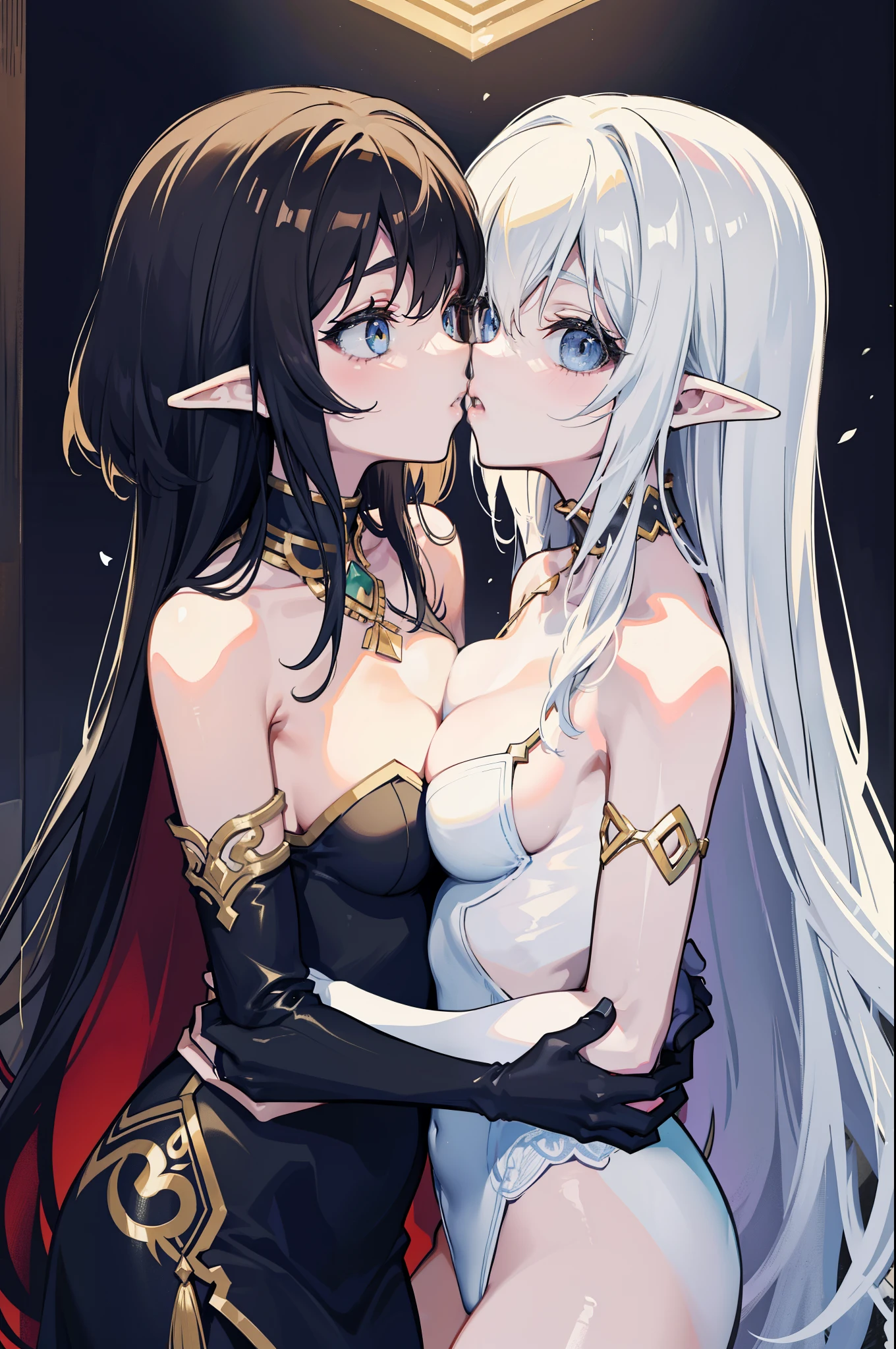 Two female elves，One black and one white，hold each other tight，The two bodies are very close，kisses，at a forest